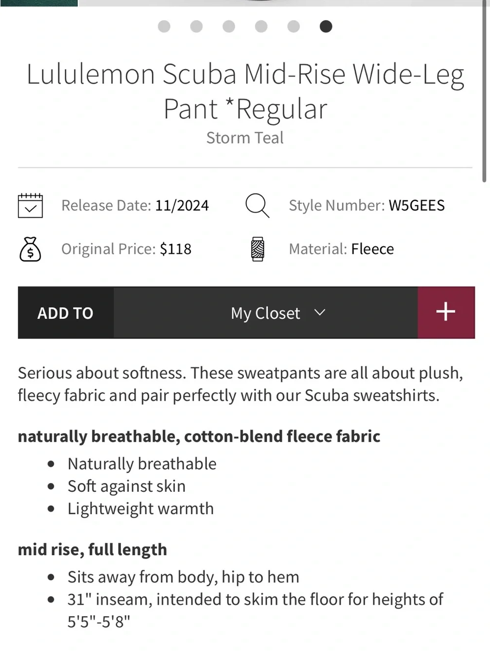 NWOT Lululemon Scuba Mid-Rise Wide-Leg Pant in Storm Teal Sz Large